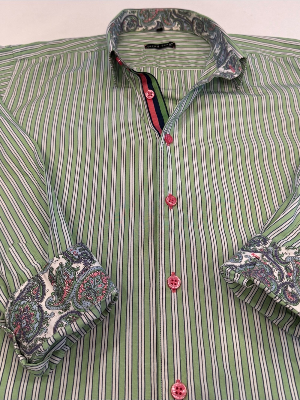 Jared Lang Women’s Button Down Shirt Green Stripes With Paisley Accents Sz L EUC